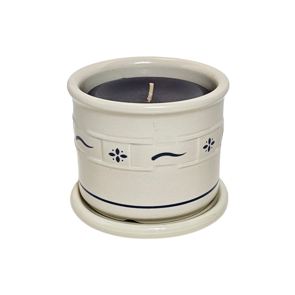 Longaberger Pottery Candle Crock Holder With Lid Base Cream and Blue 3.5"